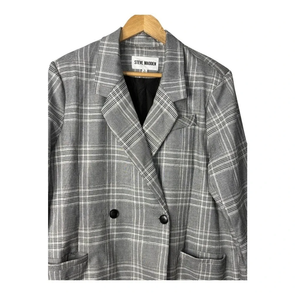 Steve Madden Plaid Double‎ Breasted Blazer Womens Large Gray Professional